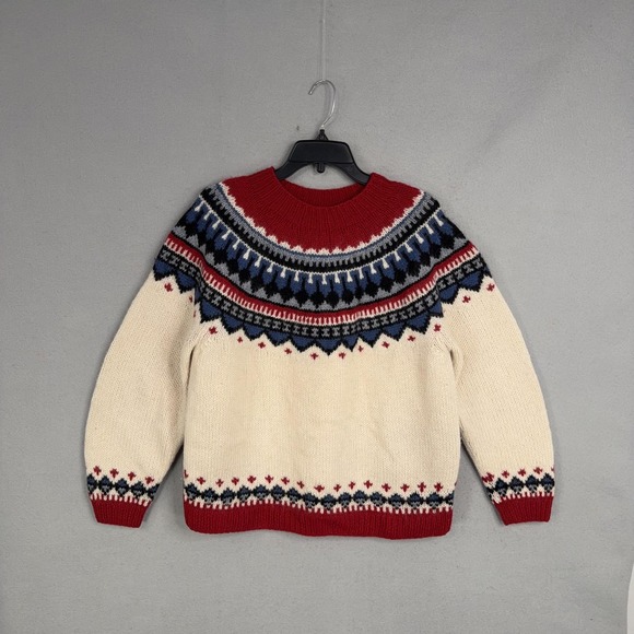 Eddie Bauer Sweaters - Eddie Bauer Sweater Womens Medium White Wool Fair Isle Crew Knit Chunky Pullover